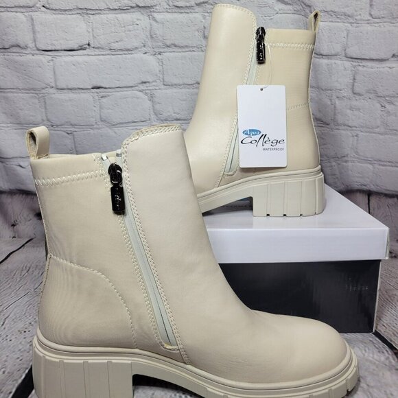 Aqua College Beige Lug Sole Waterproof Slip Resistant Zip-up Leather Booties - Picture 1 of 9